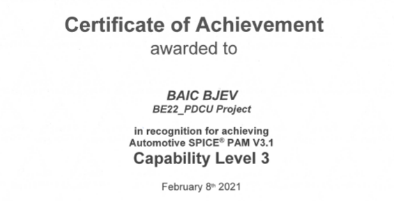 BAIC BJEV Achieves ASPICE Certificate of Capability Level 3